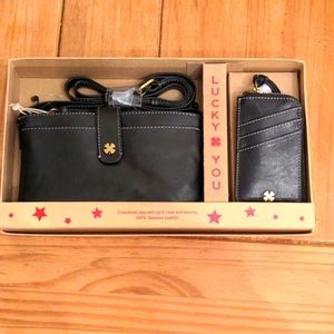 NWT and in Box Lucky Brand Black Leather Crossbody Purse and Card Holder/Keyring